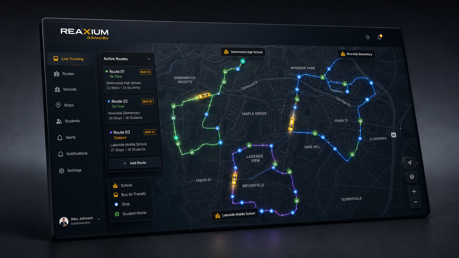 Dashboard de seguimiento de rutas de Reaxium School Bus